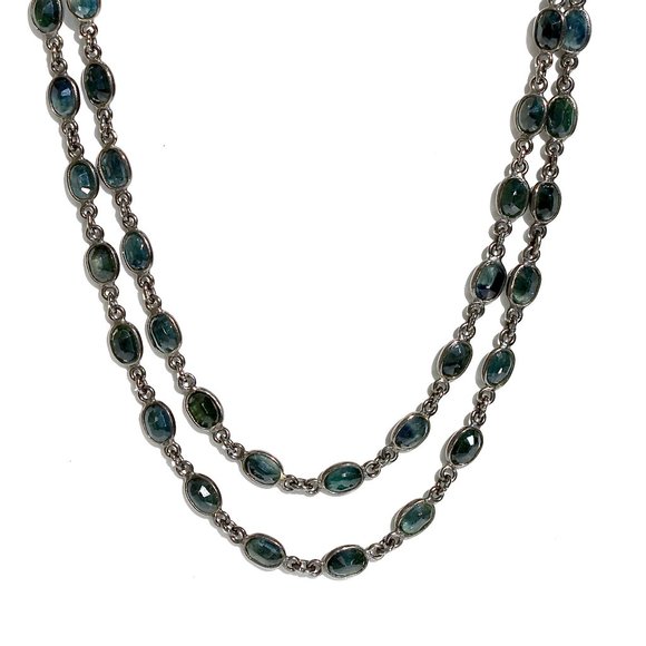 925 Silver Diamond and Faceted Natural Sapphire Long Necklace - Picture 2 of 6